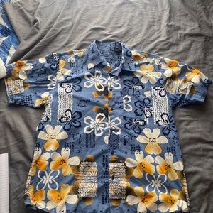 Vintage Pineapple Connection Hawaiian Shirt Blue With Yellow Flowers Size XL